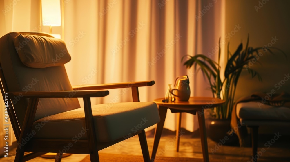 Cozy living room ambiance with a softly lit armchair, lamp, and plant-adorned table in the evening Cozy living room ambiance with a softly lit armchair, lamp, and plant-adorned table in the evening