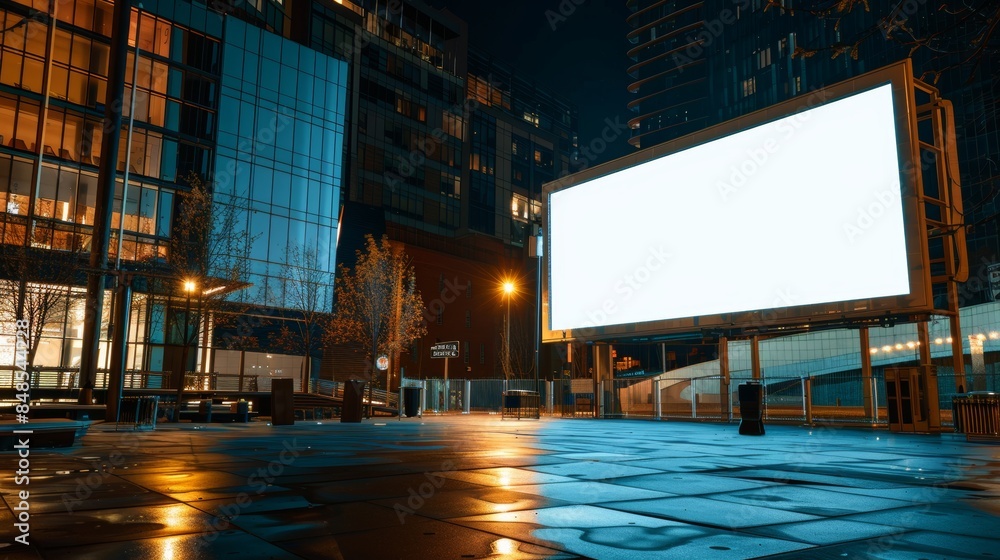 Obraz premium Huge empty billboard lights up a deserted city street at night, with sleek office buildings in the background