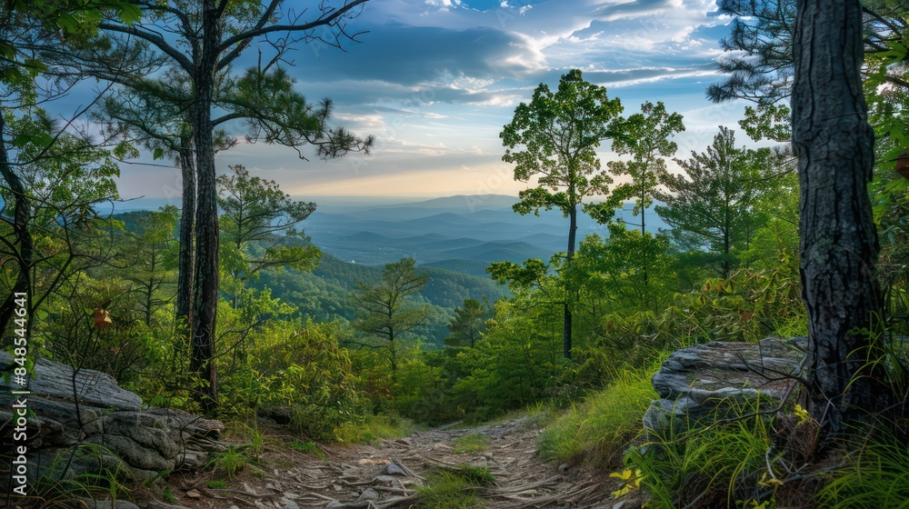 A tranquil image capturing a path through a forest leading to a breathtaking mountainous horizon at dusk Trees, rocks, and foliage frame the view A tranquil image capturing a path through a forest leading to a breathtaking mountainous horizon at dusk Trees, rocks, and foliage frame the view