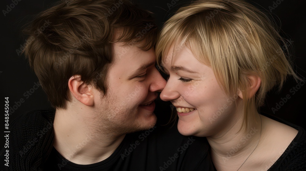 An intimate moment captured as a happy couple with a light complexion smiles and touches their foreheads An intimate moment captured as a happy couple with a light complexion smiles and touches their foreheads