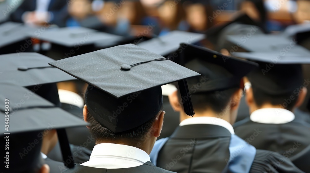 A group of graduates wearing the traditional cap, captured from behind during a graduation ceremony A group of graduates wearing the traditional cap, captured from behind during a graduation ceremony