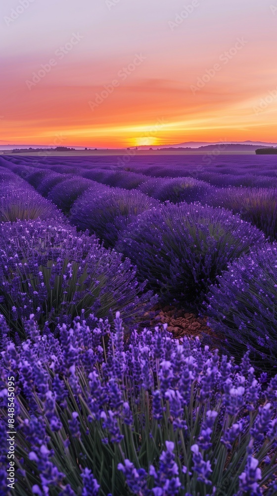 Obraz premium Elegant summer sunset over a tranquil lavender field with deep purple hues blending into the pink-orange sky