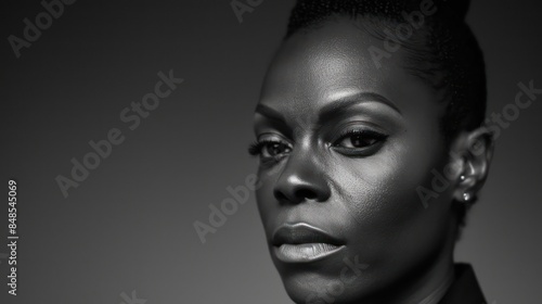 A close-up black and white portrait showcasing the detailed features and solemn expression of a black woman