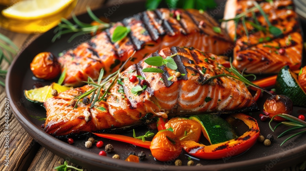 Grilled salmon steak with vibrant vegetables Grilled salmon steak with vibrant vegetables