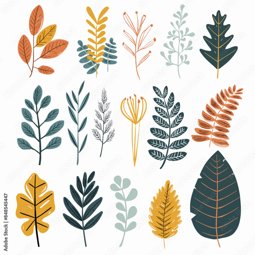 Hand draw abstract ferns flat icon set Hand draw abstract ferns flat icon set