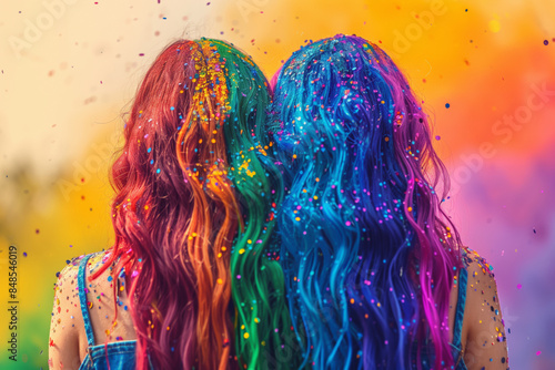 Two women with colorful rainbow hair stand back to back, covered in glitter
