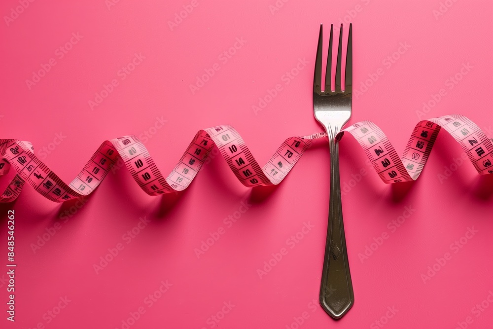 Measuring Tape Wrapped Fork: Creative Kitchen Tool on Pink Background Measuring Tape Wrapped Fork: Creative Kitchen Tool on Pink Background