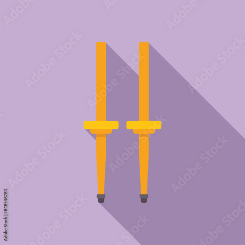 Yellow jumping stilts standing upright casting a long shadow to the right on a purple background