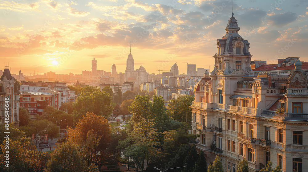 Fototapeta premium Bucharest, Romania city skyline created with Generative AI technology