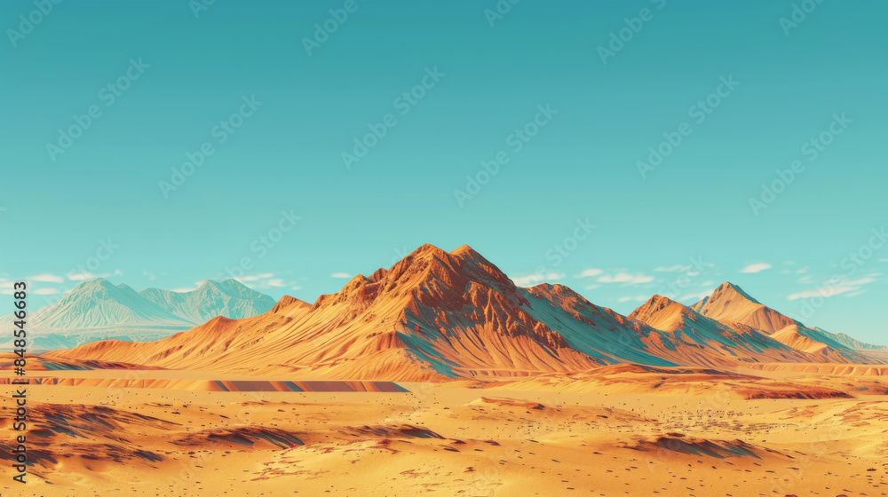 Fototapeta premium Golden-hued mountains stretch across a vast desert under a bright blue sky, creating a striking landscape.