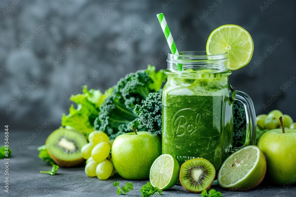 Healthy Raw Vegan Smoothie Banner with Glass Jar Mugs and Fresh Green Ingredients Healthy Raw Vegan Smoothie Banner with Glass Jar Mugs and Fresh Green Ingredients