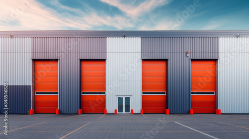 Industrial building with multiple orange garage doors in the daytime.