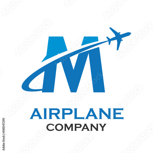 Letter m with airplane logo template illustration. suitable for transportation, brand, travel, agency, web, label, network, marketing etc
