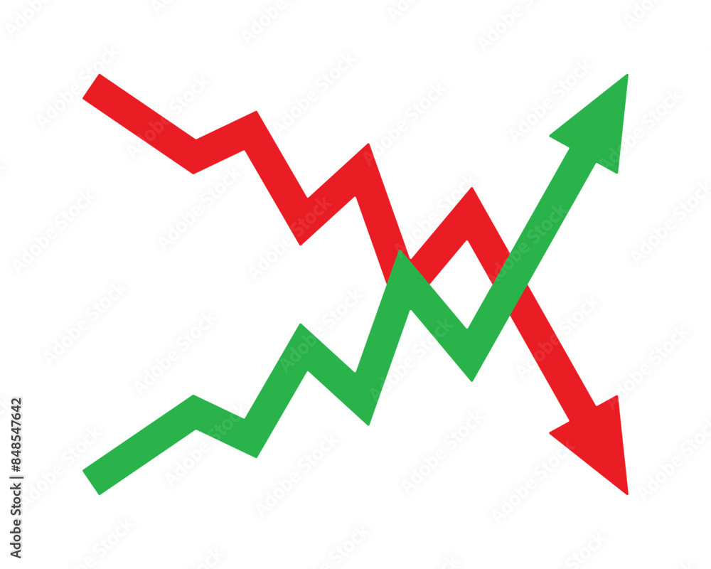 Graph going Up and Down sign with green and red arrows vector. Flat design vector illustration concept of sales bar chart symbol icon with arrow moving down and sales bar chart with arrow moving up. Graph going Up and Down sign with green and red arrows vector. Flat design vector illustration concept of sales bar chart symbol icon with arrow moving down and sales bar chart with arrow moving up.