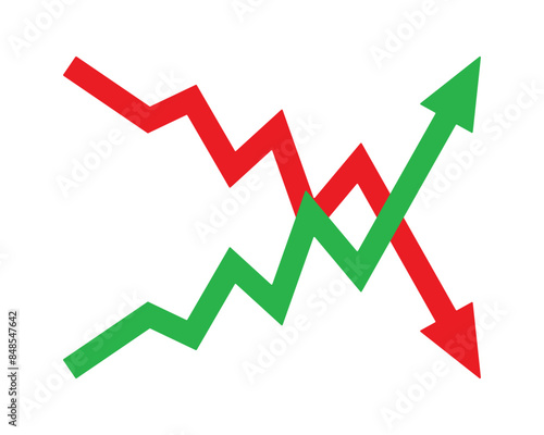 Graph going Up and Down sign with green and red arrows vector. Flat design vector illustration concept of sales bar chart symbol icon with arrow moving down and sales bar chart with arrow moving up.