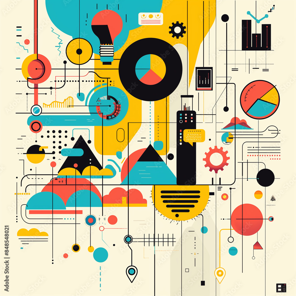 A colorful and abstract drawing of a cityscape with many different shapes and patterns. Scene is energetic and dynamic, with a sense of movement and progress