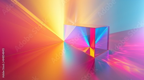 Colorful light spectrum through prism on reflective surface