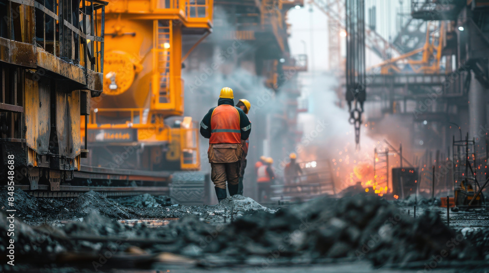 Workers in protective gear at a heavy industrial site with large machinery and molten metal in the background. Workers in protective gear at a heavy industrial site with large machinery and molten metal in the background.