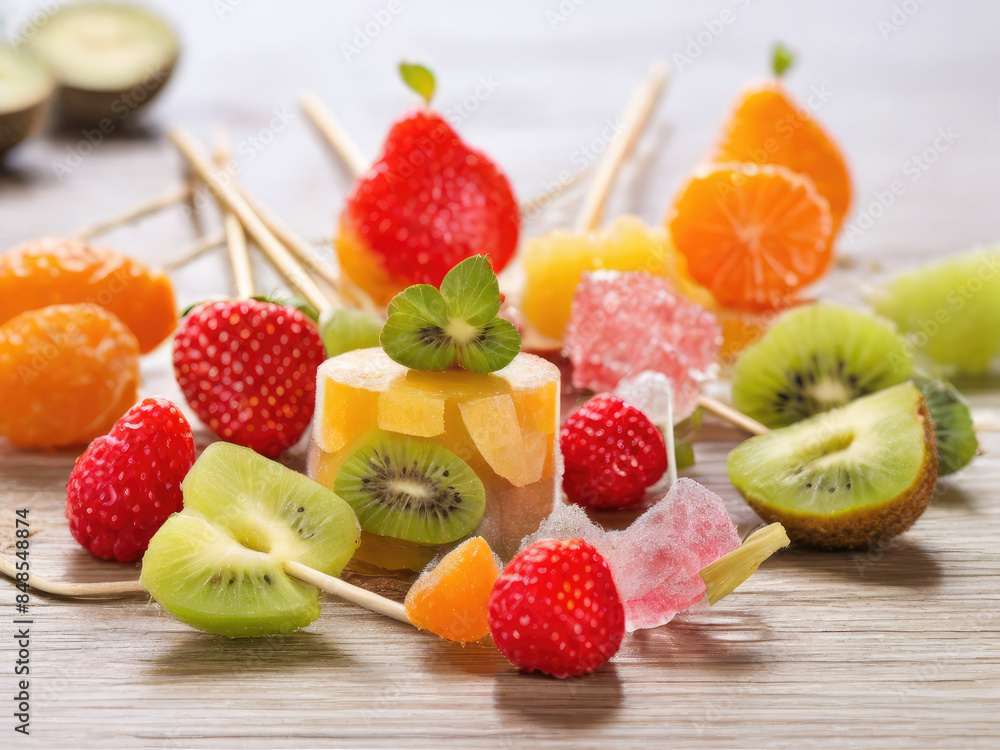 Fresh sugar-coated fruit fruits and berries on wooden skewer. Fresh sugar-coated fruit fruits and berries on wooden skewer.
