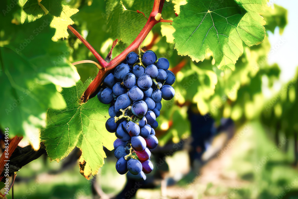 Close-up blue grapes in sunlight. Vineyard. Close-up blue grapes in sunlight. Vineyard.
