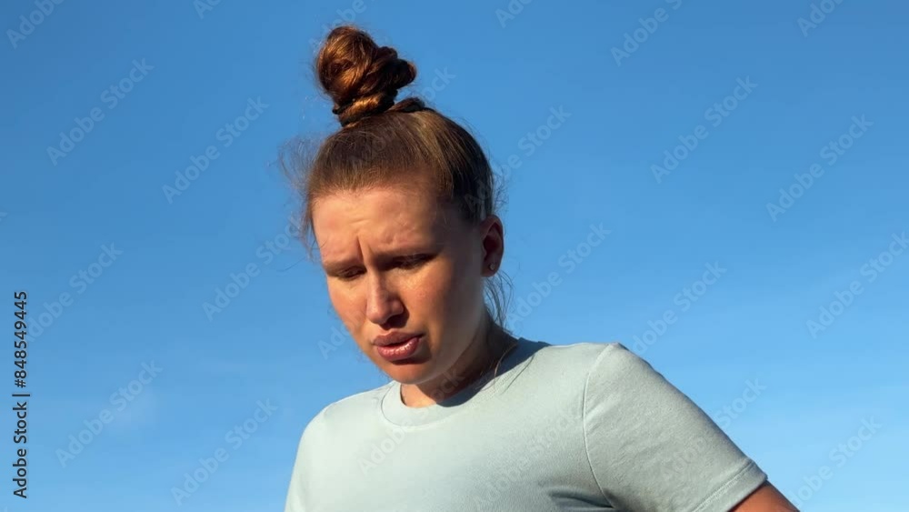 young woman suffering from heat, having sunstroke on sea, beach young woman suffering from heat, having sunstroke on sea, beach