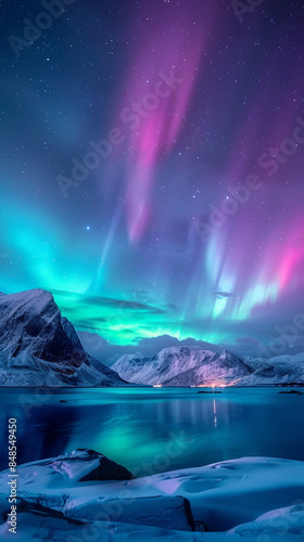 Beautiful aurora borealis in the sky, blue and red colors