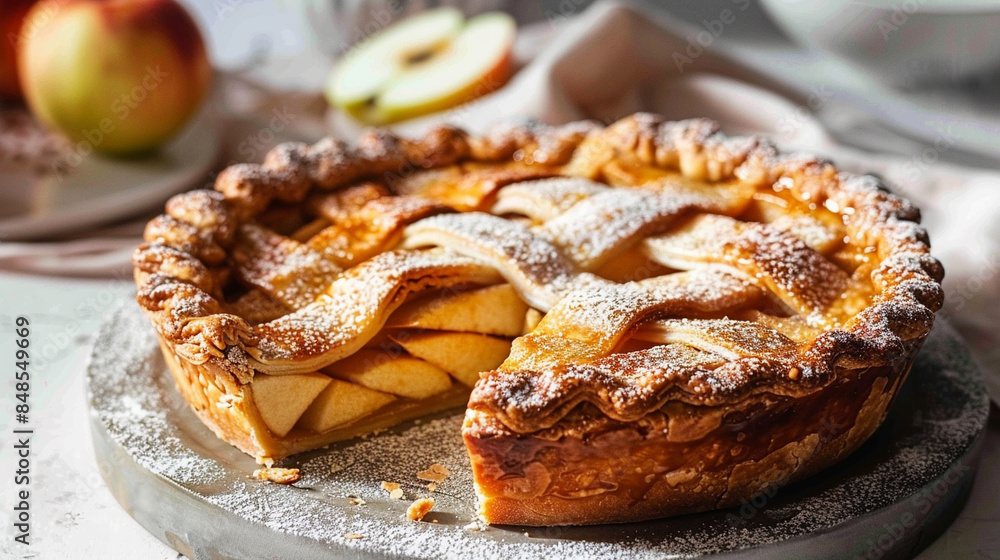 A whole apple pie with one-eighth piece cut out, showing the cross-section, and a separate one-eighth slice of apple pie A whole apple pie with one-eighth piece cut out, showing the cross-section, and a separate one-eighth slice of apple pie