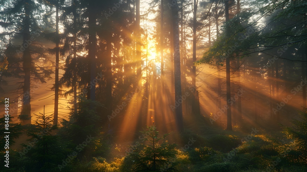 Obraz premium Dramatic Woodland Scene with shafts of light coming through the Trees. Beautiful Sunrise Nature Background