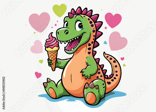 Vector drawing for children t-shirt. 
Green cute baby dinosaur
with ice cream in waffle cone,   
heart on white background. 
Design for textile, paper, fabric, 
clothing for kids in cartoon style.