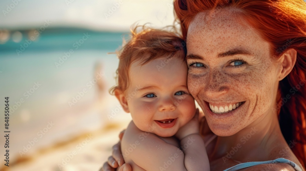 Mother and Baby Smiling Together at the Beach. Generative ai Mother and Baby Smiling Together at the Beach. Generative ai