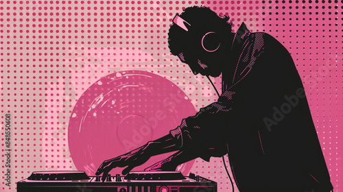 illustration, superstar dj playing, halftone, dots, pink