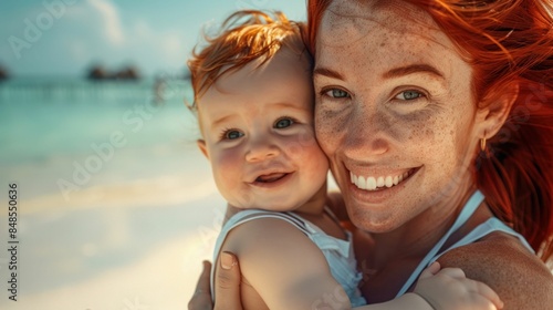 Mother and Baby Smiling Together at the Beach. Generative ai
