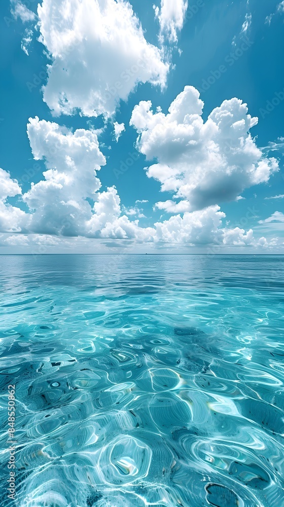 Peaceful Tropical Seascape with Turquoise Waters and Blue Skies. Summer Ocean Panorama with White Fluffy Clouds Peaceful Tropical Seascape with Turquoise Waters and Blue Skies. Summer Ocean Panorama with White Fluffy Clouds