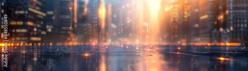 Abstract cityscape with modern buildings at sunset. Blurry urban scene with warm lights reflecting on wet street, creating a dreamy atmosphere.