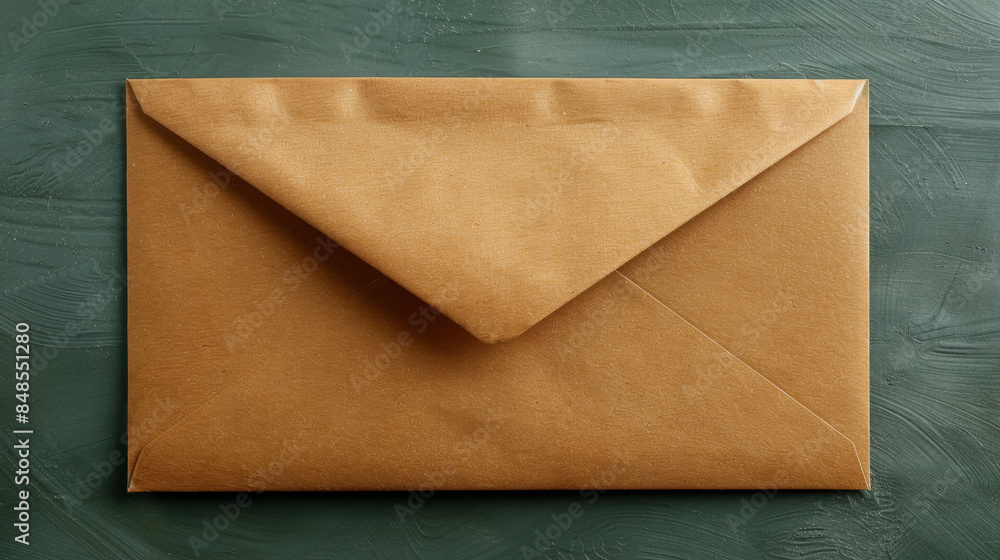 Close-up of a brown paper envelope placed on a green surface, showcasing simple and minimalistic stationery. Close-up of a brown paper envelope placed on a green surface, showcasing simple and minimalistic stationery.