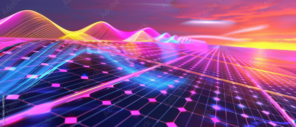A colorful, abstract image of a field with a sunset in the background A colorful, abstract image of a field with a sunset in the background