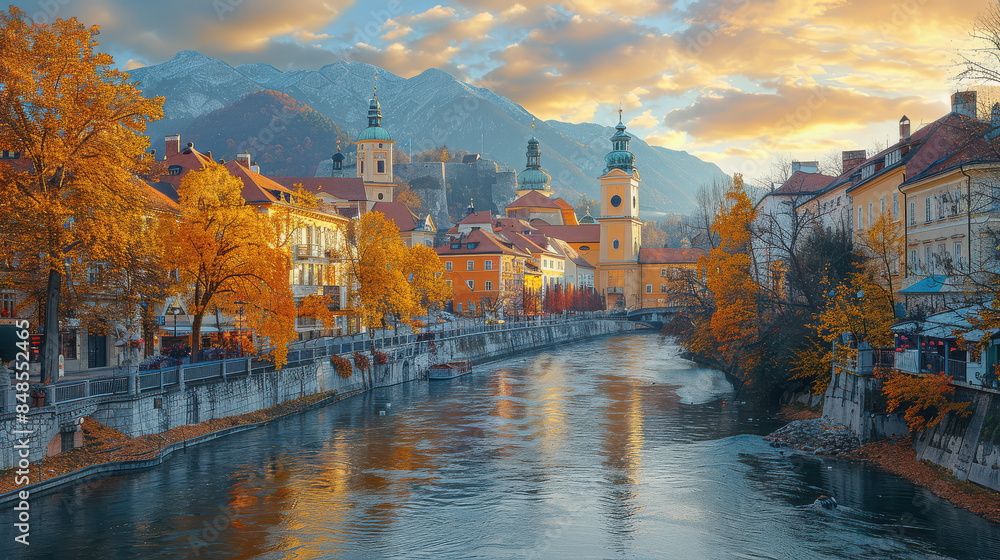 Fototapeta premium Ljubljana, Slovenia city skyline created with Generative AI technology