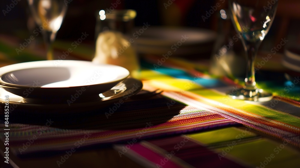 Obraz premium Close-up of casual dining table, colorful placemat, simple ceramic dishware, ambient lighting, no humans 