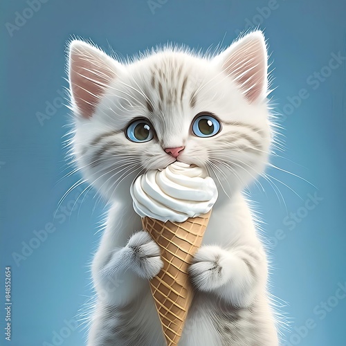 kittens eating ice cream. Blue background. 3D Rendering photo