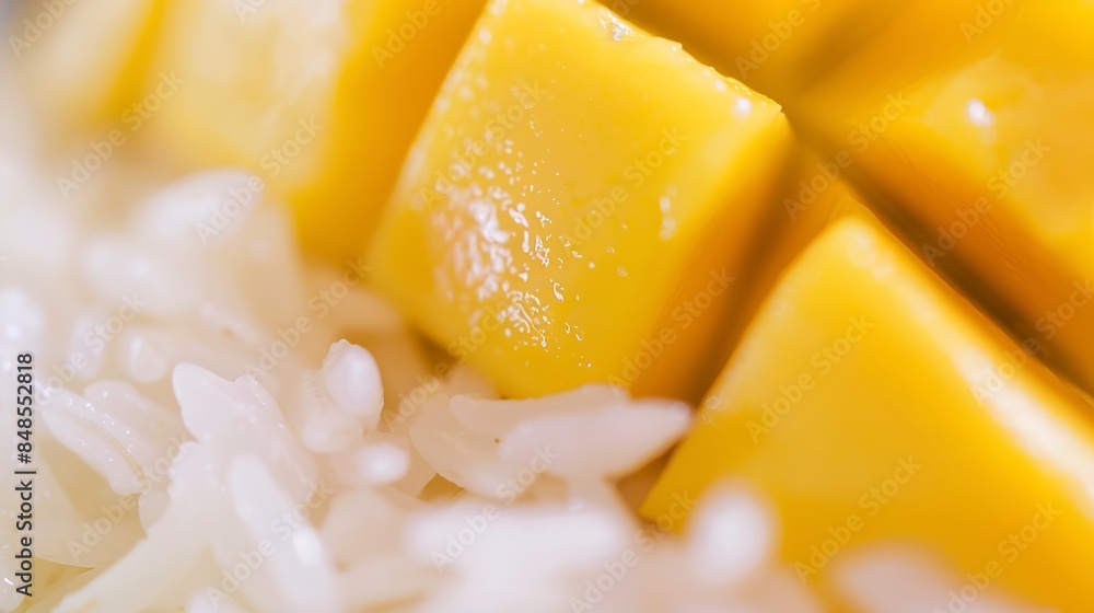 Macro shot of Thai mango sticky rice, bright mango slices, no humans, intricate presentation, soft background focus Macro shot of Thai mango sticky rice, bright mango slices, no humans, intricate presentation, soft background focus