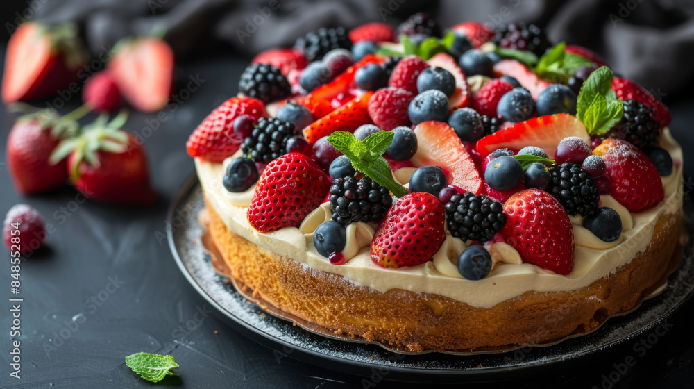 A delicious mixed berry cheesecake topped with fresh strawberries, blueberries, blackberries, and mint leaves on a rustic plate. A delicious mixed berry cheesecake topped with fresh strawberries, blueberries, blackberries, and mint leaves on a rustic plate.