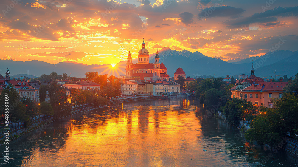 Fototapeta premium Ljubljana, Slovenia city skyline created with Generative AI technology