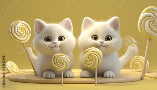 Wallpaper Mural Two kittens eating yellow lollipops. Yellow background. 3D Rendering Torontodigital.ca