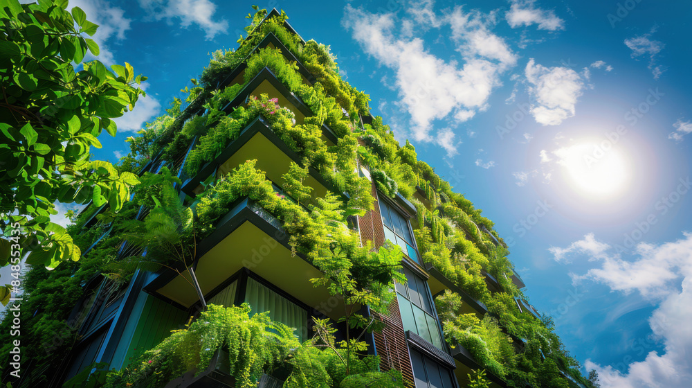 A contemporary urban building with a vertical garden, illustrating the integration of nature into architectural design for sustainability. A contemporary urban building with a vertical garden, illustrating the integration of nature into architectural design for sustainability.