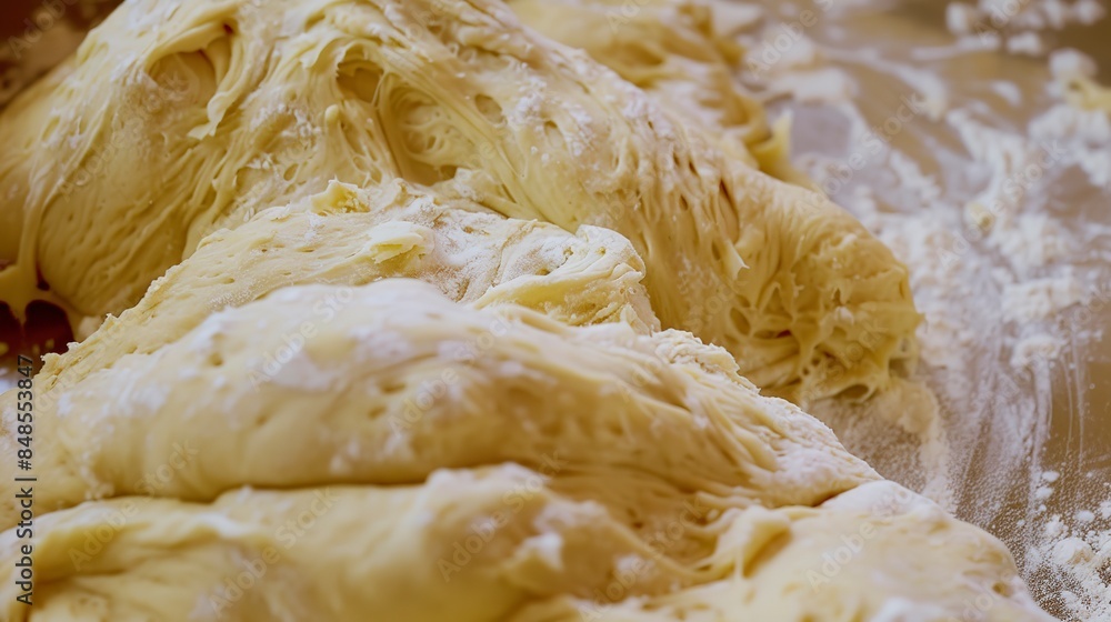 Macro detail of dough being kneaded on a floured surface, no humans, hands of the action, bakery setting Macro detail of dough being kneaded on a floured surface, no humans, hands of the action, bakery setting
