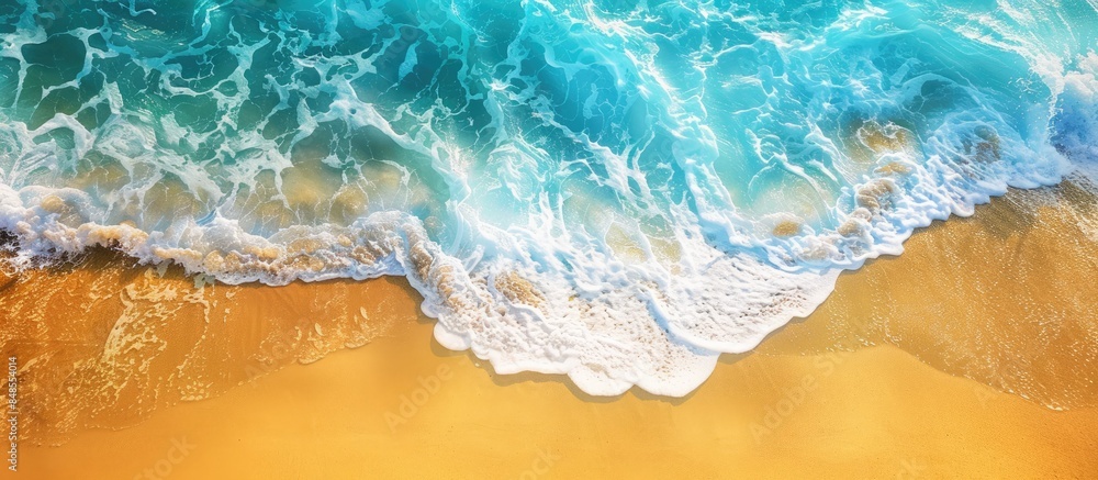 Tranquil beach view where soft waves kiss the sandy shore. Crystal blue water, golden sand. Ideal backdrop for summer vacation ads. Tranquil beach view where soft waves kiss the sandy shore. Crystal blue water, golden sand. Ideal backdrop for summer vacation ads.