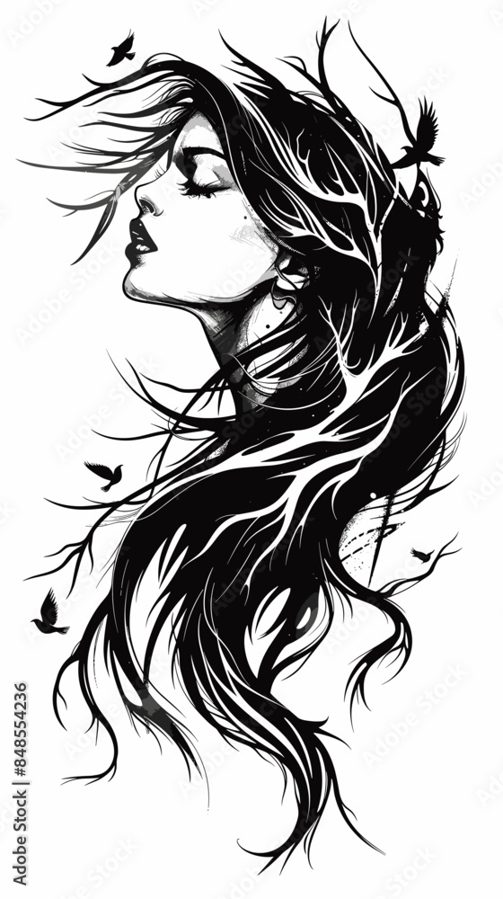 A woman with long hair and a bird on her head. The woman is looking at the camera A woman with long hair and a bird on her head. The woman is looking at the camera
