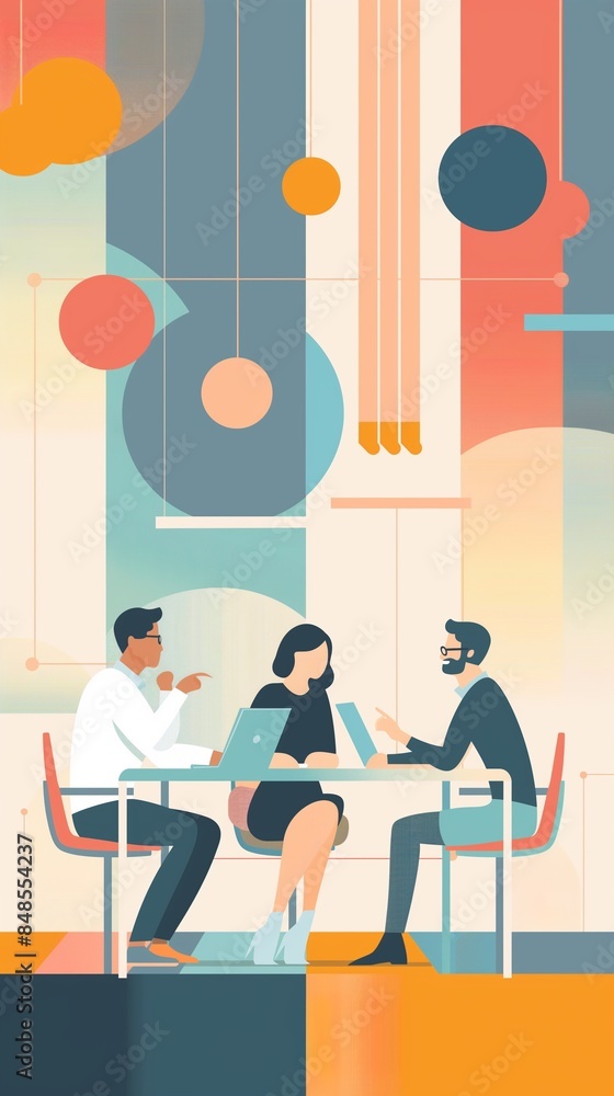 Vector illustration of a business meeting with modern abstract elements. Emphasizes creativity, collaboration, and professional interaction. Vector illustration of a business meeting with modern abstract elements. Emphasizes creativity, collaboration, and professional interaction.