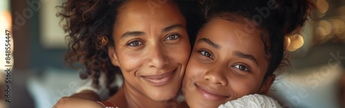 Joyful Embrace: Middle-Aged Black Mother and Teenage Daughter Smiling for the Camera © hisilly