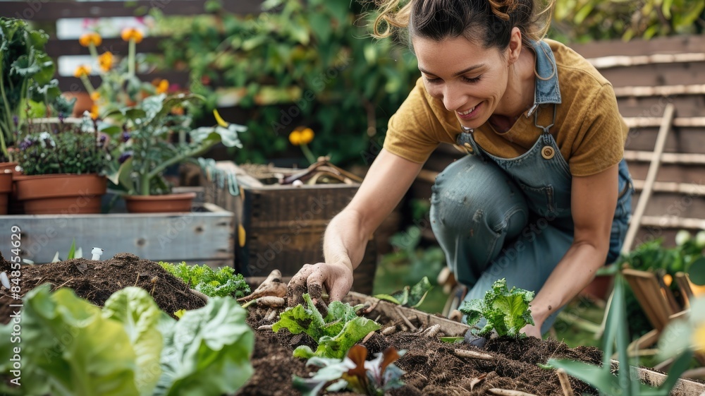 Woman gardening in backyard with various plants and vegetables